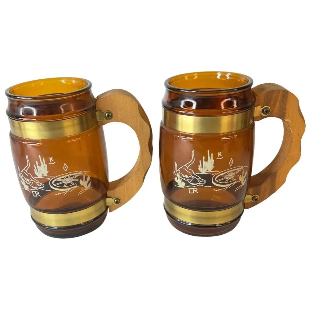 6 SiestaWare‎ Western Roundup Barrel Mug Wood Handle Wagon Wheel Skull CampFire